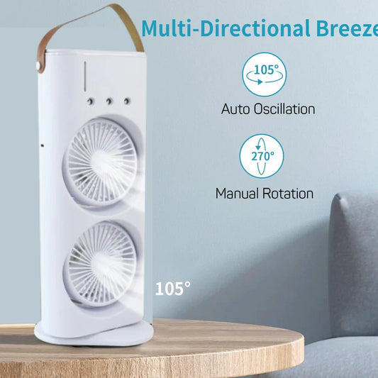 Double Head Mist Cooling Fan with Remote | 3-Speed USB Rechargeable Air Cooler