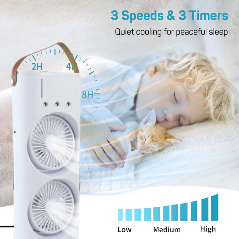 Double Head Mist Cooling Fan with Remote | 3-Speed USB Rechargeable Air Cooler