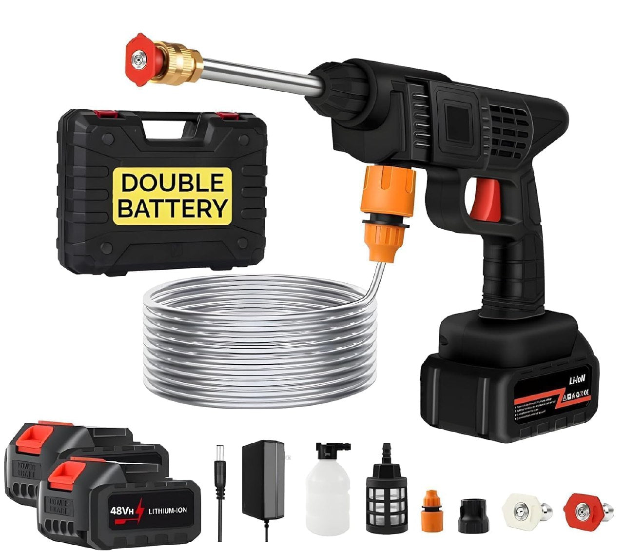 48V Cordless Portable Wireless Pressure Washer Gun with Dual Battery and Adjustable Spray Nozzle
