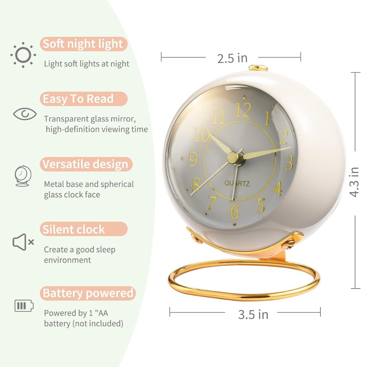 Retro Backlight Cute Desk Alarm Clock with Night Light and Gold Steel Ring Design